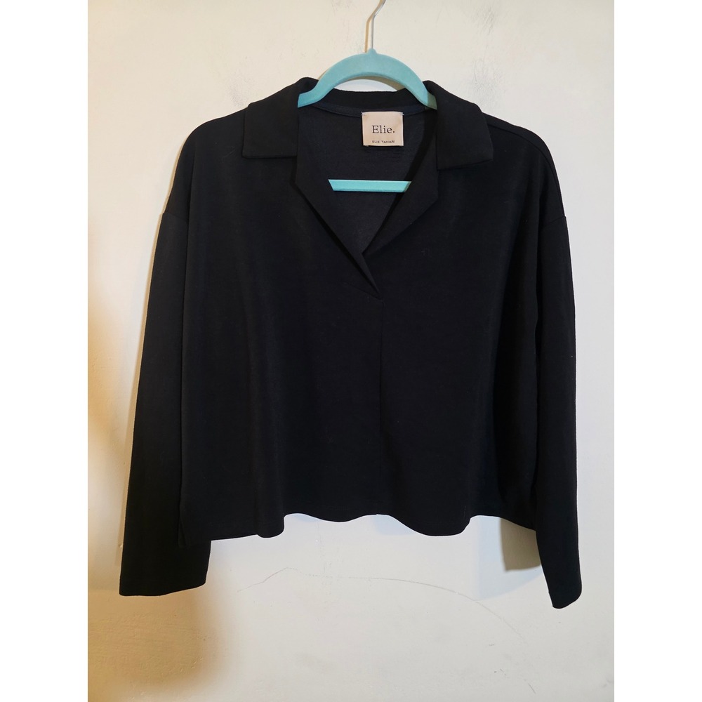 Elie Elie Tahari Black Modal Blend Notched‎ Collar Long Sleeve Top Pullover